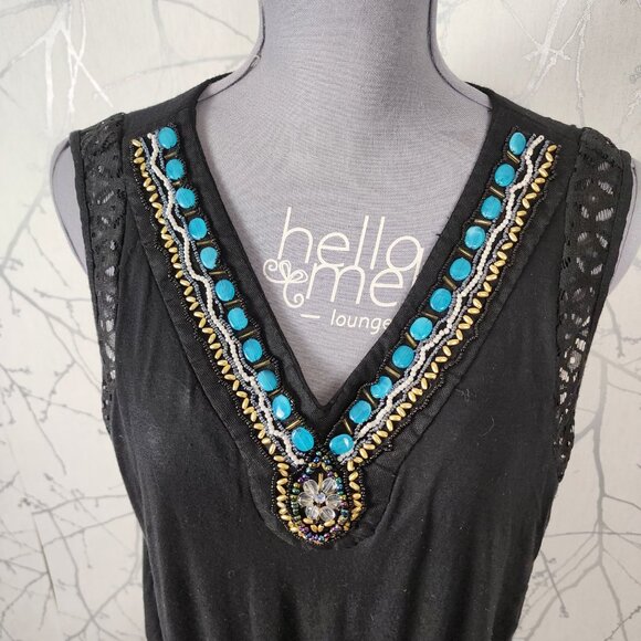 Roz & Ali Black Stretch Knit Jewel Necklace V-Neck Dress - Picture 2 of 9